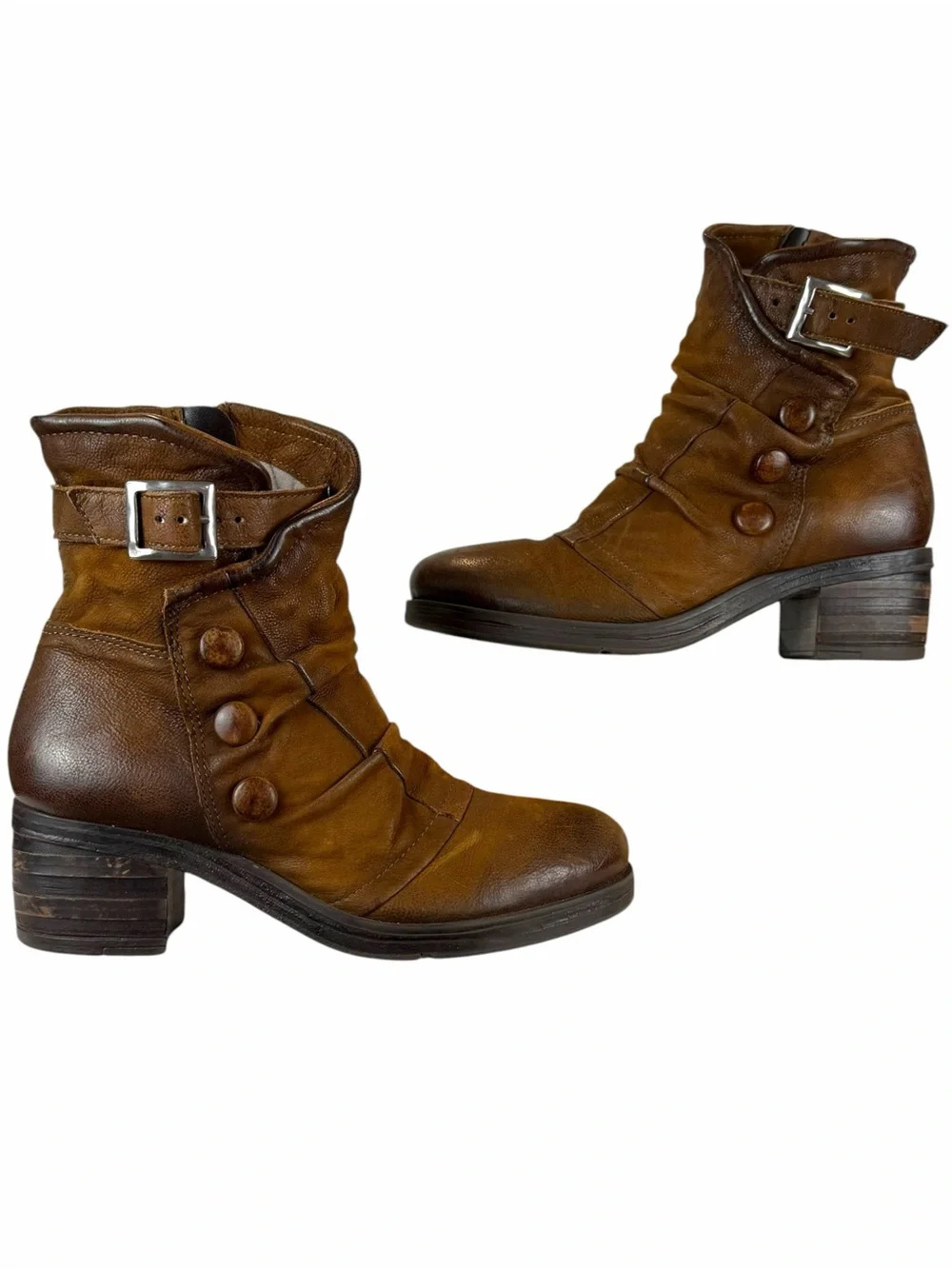 Miz Mooz Sidney Brown Leather Stacked Block Heel Button Side Zip Ankle Boots